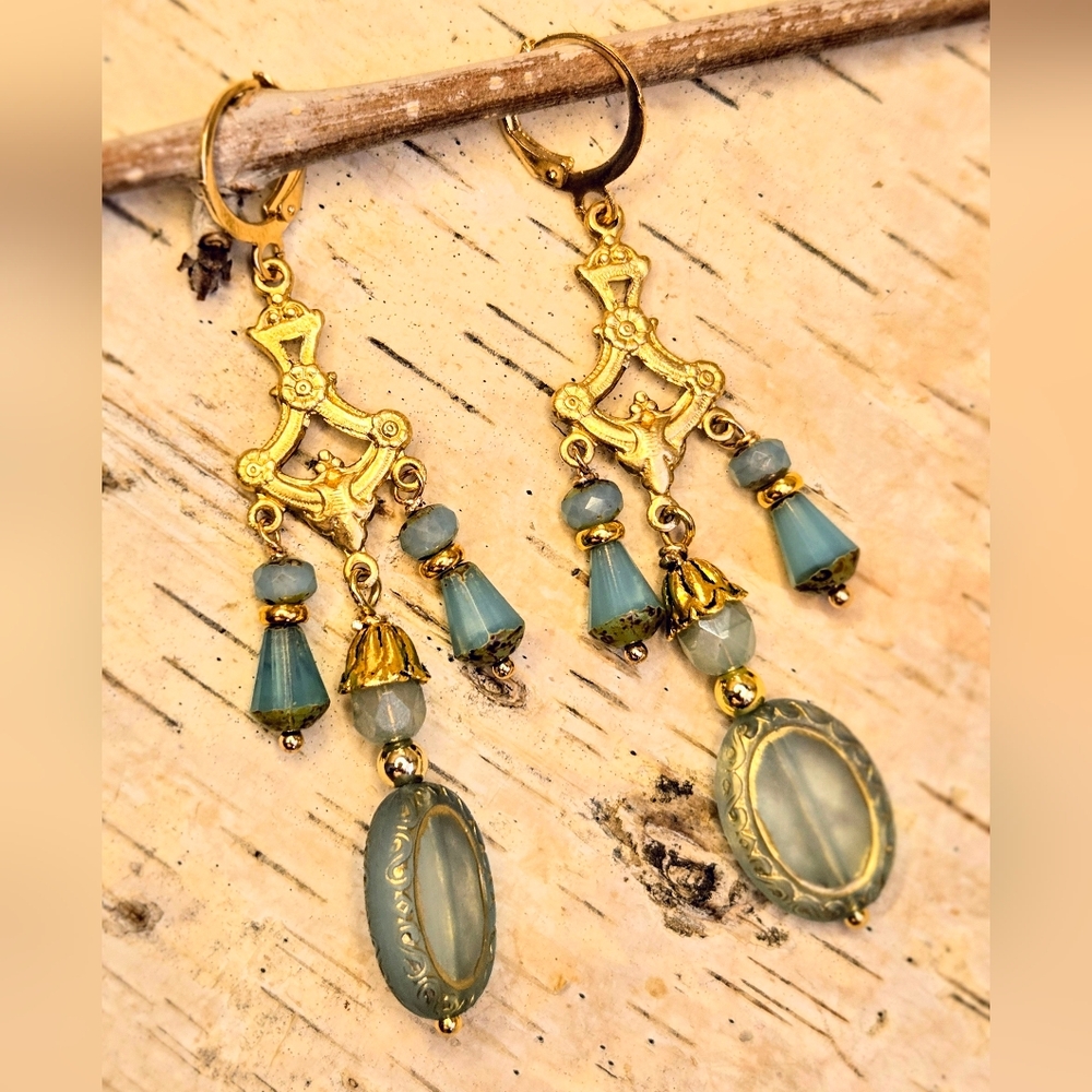 Victorian Aqua Blue Glass In Gold Plated Chandelier Art Deco Earrings - Picture 3 of 8